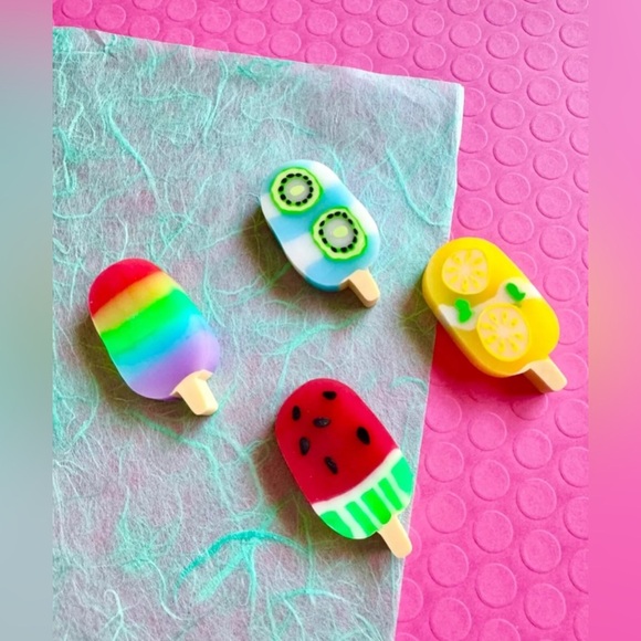New Spring Summer Fun Lemon Watermelon Kiwi Fruit Popsicle Erasers Set of 4 - Picture 5 of 5